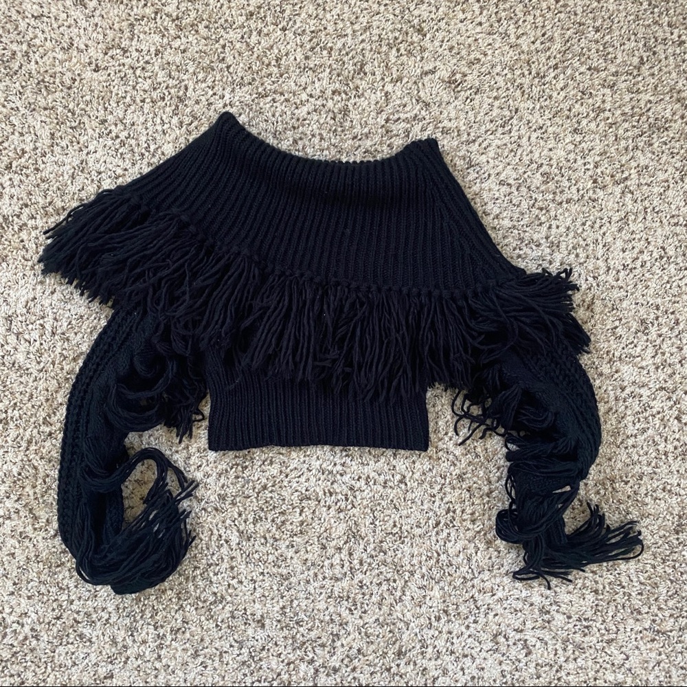 BLACK CROP FRINGE OFF THE SHOULDER SWEATER